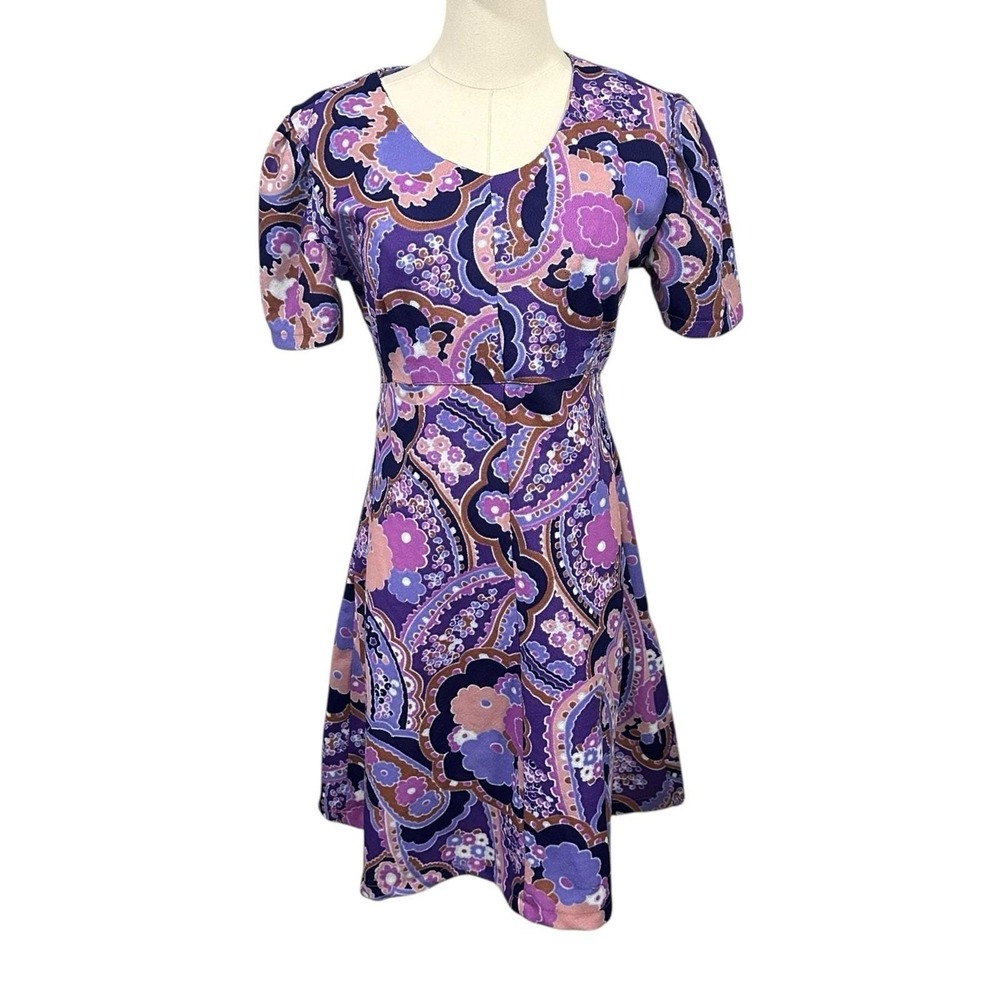 Vintage 70s Purple Paisley Floral Mini Dress Short‎ Puff Sleeve Fit Flare Small